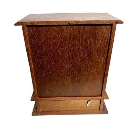 Vintage Jewelry Wood Music Box Etched Floral Glass Doors Mirror 5"x10"x12" - Picture 3 of 8